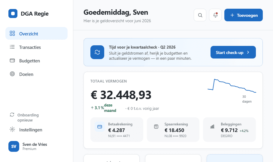 DGA Regie dashboard met totaal vermogen, rekeningen en uitgaven